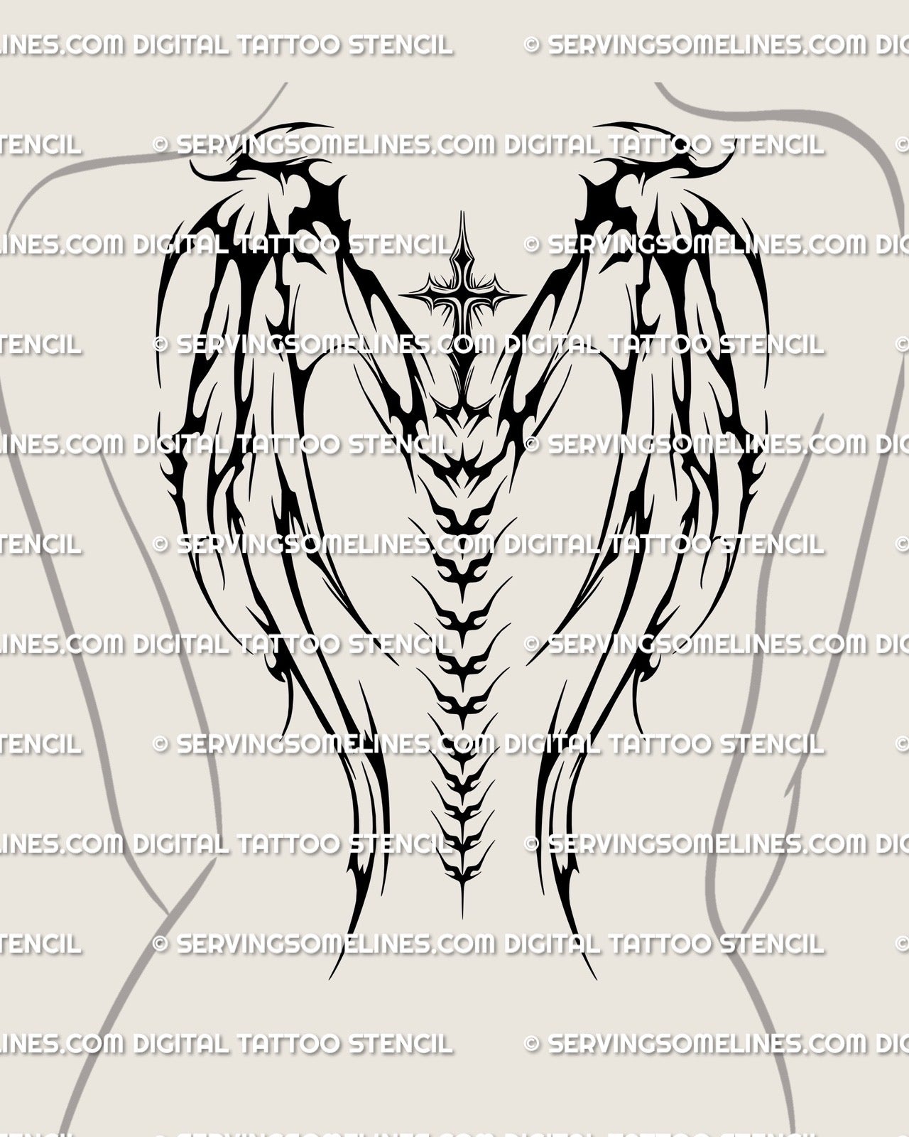 Female full back tattoo of cross with neotribal wings, showing long blackwork wing structure and centered spine detail on upper back.