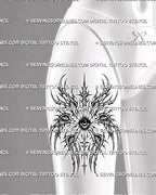 Female front thigh cyber seraphim tattoo stencil preview with six-wing angel shape, central eye, and clean placement view