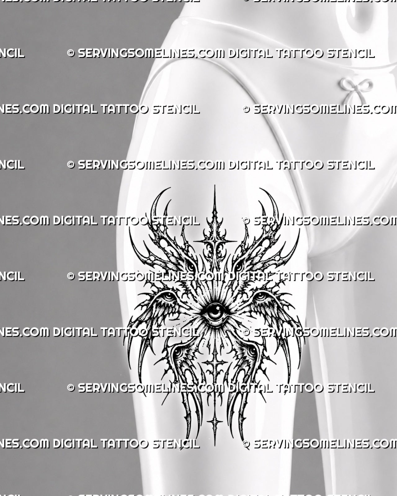 Female front thigh cyber seraphim tattoo stencil preview with six-wing angel shape, central eye, and clean placement view