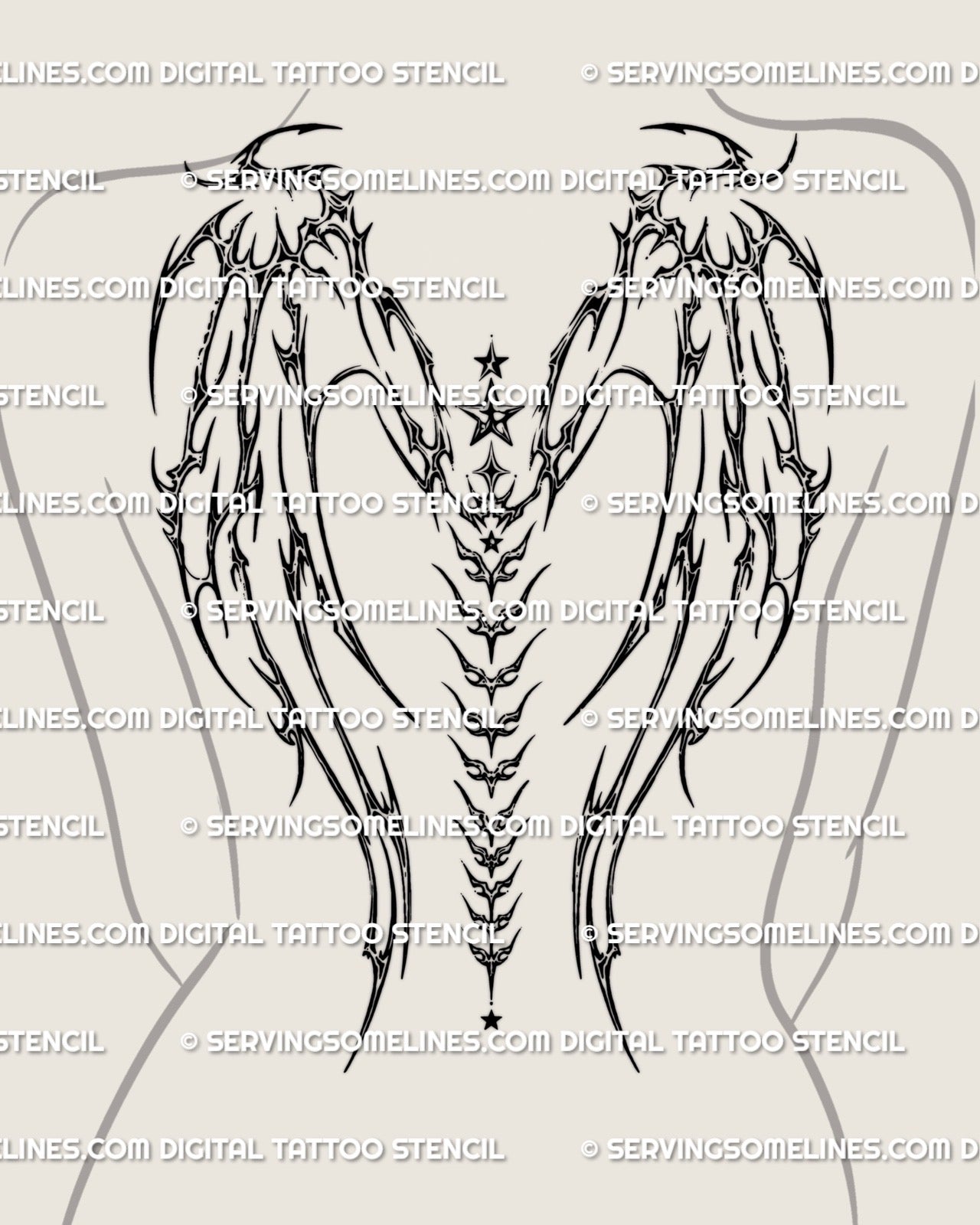 female full back cyber wings tattoo mockup, star spine symbol and sharp cybersigil wing shapes forming a modern futuristic backpiece design