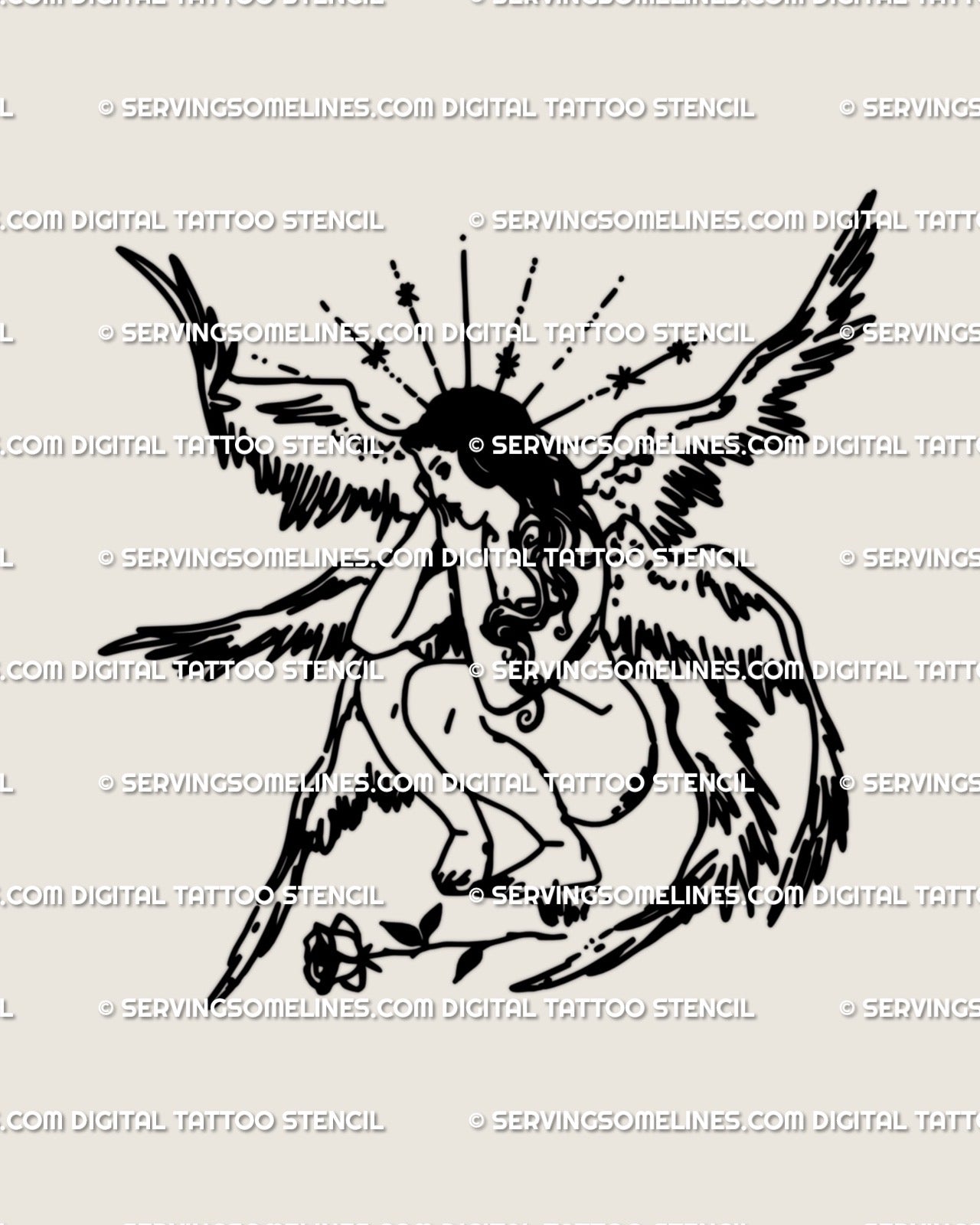 Digital tattoo stencil of a six-winged female angel with rose detail, shown as line art preview for guardian angel tattoo design. 