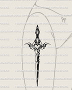 female hip mockup with a gothic heart dagger tattoo featuring medieval blackwork lines and slim ornamental accents shaped to follow the hip curve