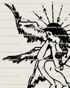 Close-up view of female guardian angel stencil, hand-drawn seraph linework with rose detail and radiating halo accents. 