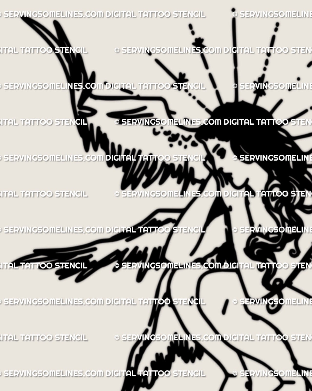Close-up view of female guardian angel stencil, hand-drawn seraph linework with rose detail and radiating halo accents. 