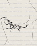 female side rib tattoo mockup with cyber tribal heart and star linework shaped along the torso, feminine cybersigilism detailing in clean black lines
