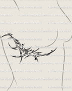 female side rib tattoo mockup with cyber tribal heart and star linework shaped along the torso, feminine cybersigilism detailing in clean black lines