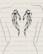 Gothic skeletal wings tattoo placed on woman’s upper back, demonic bone wing style for dark tribal back tattoos and alternative spine designs
