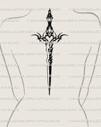 female spine mockup displaying a vertical gothic heart dagger tattoo with ornate blade details running from upper back toward the mid torso