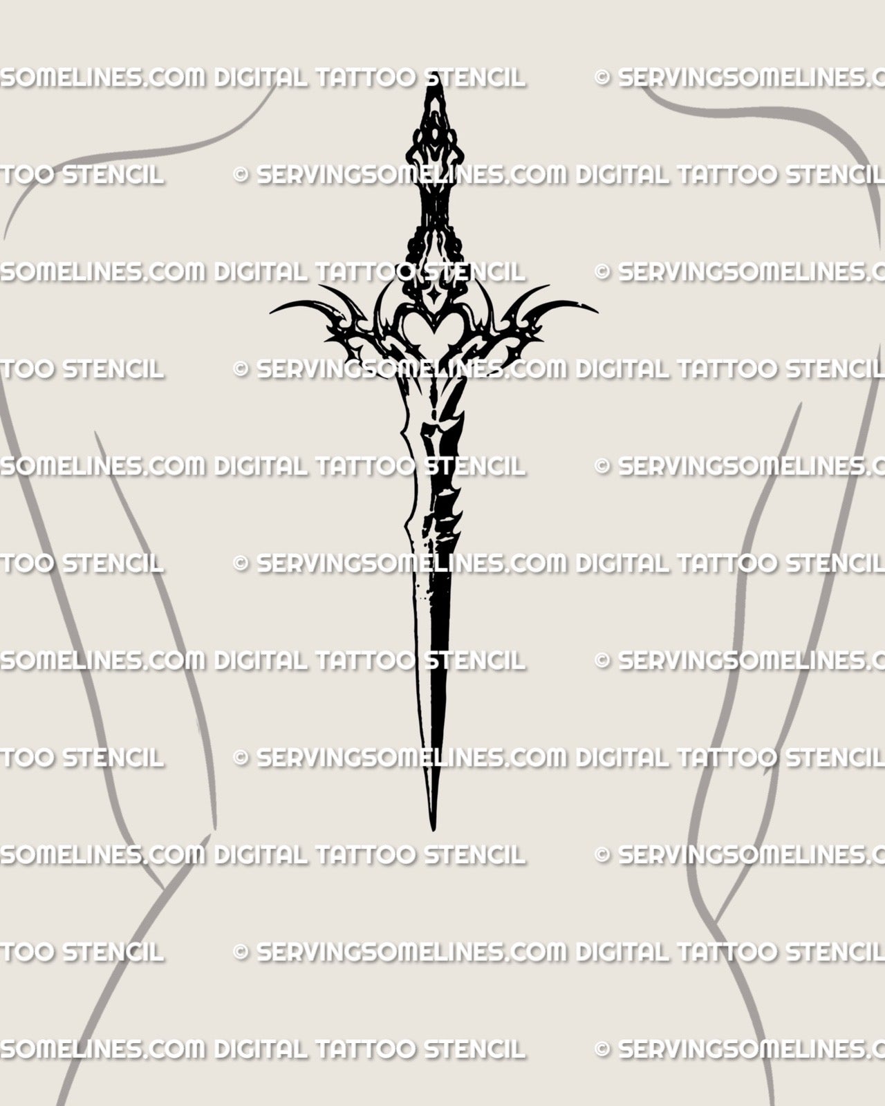 female spine mockup displaying a vertical gothic heart dagger tattoo with ornate blade details running from upper back toward the mid torso