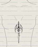 Neotribal dragon wing sword tattoo shown on female sternum, cyber sigilism blade design with gothic fantasy vertical alignment.