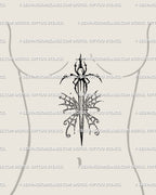 Female sternum spider dagger tattoo stencil with butterfly-web wings framing the ribs; neogothic ornamental centerpiece drawn for clean stencil transfer and long-term readability.