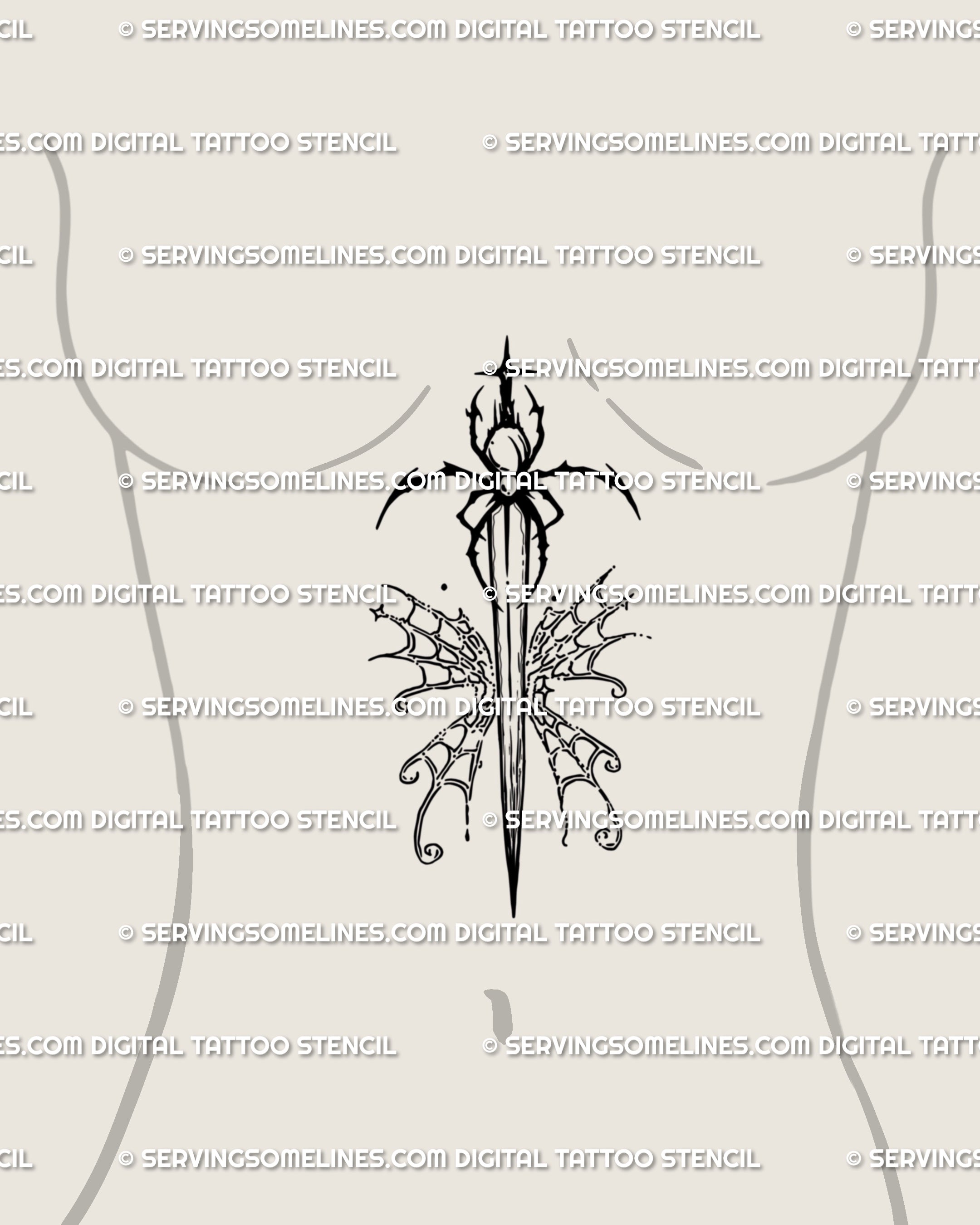 Female sternum spider dagger tattoo stencil with butterfly-web wings framing the ribs; neogothic ornamental centerpiece drawn for clean stencil transfer and long-term readability.