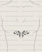 Y2K cyber butterfly tattoo shown on female sternum placement, small spiky flame wings with delicate tribal linework and gothic vibe.