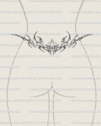 female tramp stamp mockup showing a chrome tribal flame tattoo with cyber styled curves stretching cleanly across the lower back
