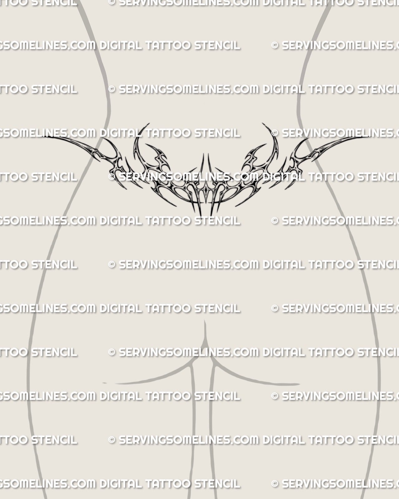 female tramp stamp mockup showing a chrome tribal flame tattoo with cyber styled curves stretching cleanly across the lower back