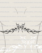 Butterfly chest tattoo stencil on woman in neotribal and cybersigilism style, shaped for underbust and sternum placement.