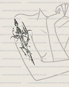 Cybersigilism sword tattoo on female upper arm, tribal star blade in gothic cybercore line art, clean digital stencil showing strength and grace.