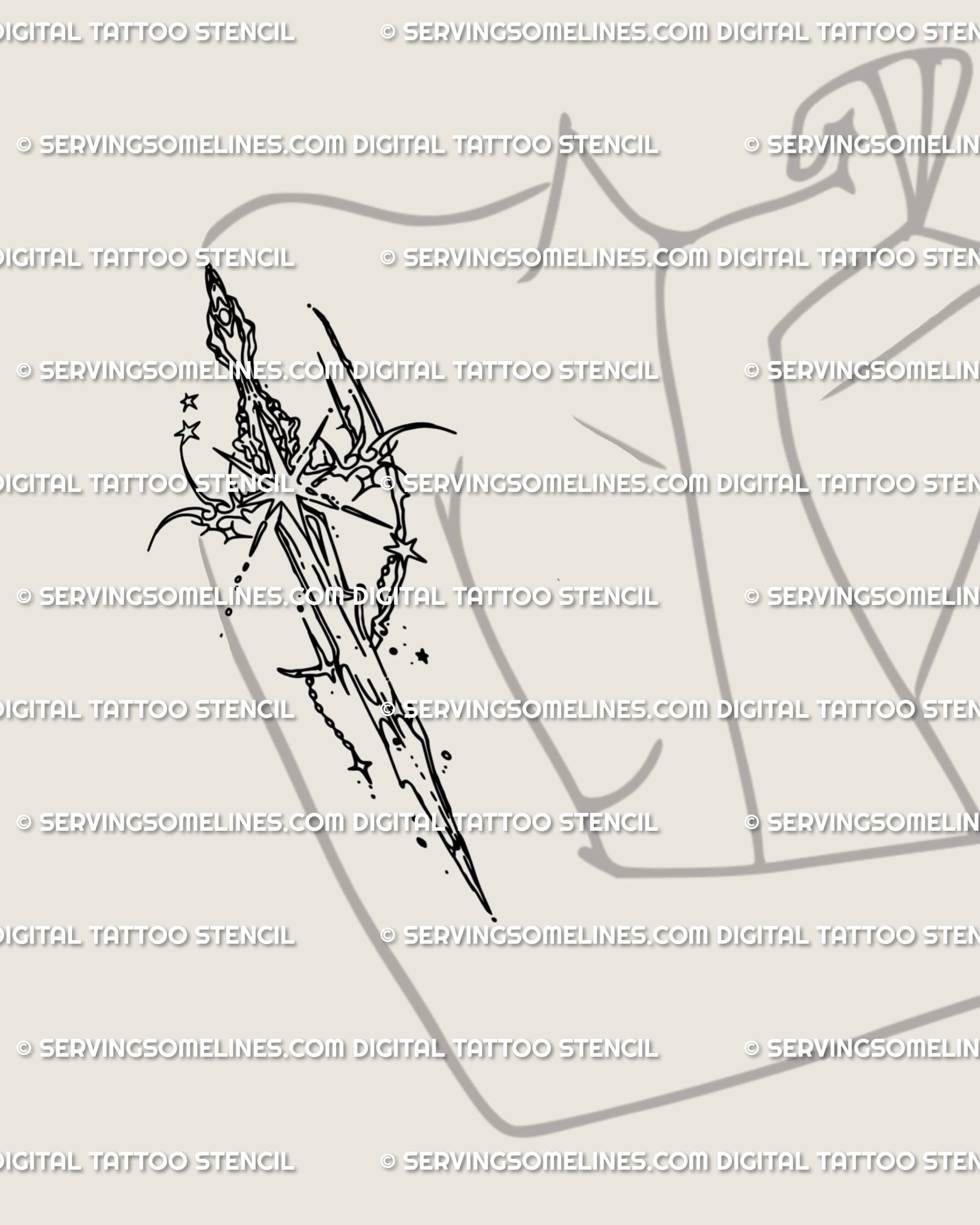 Cybersigilism sword tattoo on female upper arm, tribal star blade in gothic cybercore line art, clean digital stencil showing strength and grace.