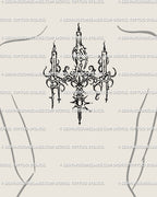Female upper back tattoo idea near the neck, ornamental chandelier cybersigilism design in gothic style, delicate protective back tattoo stencil.
