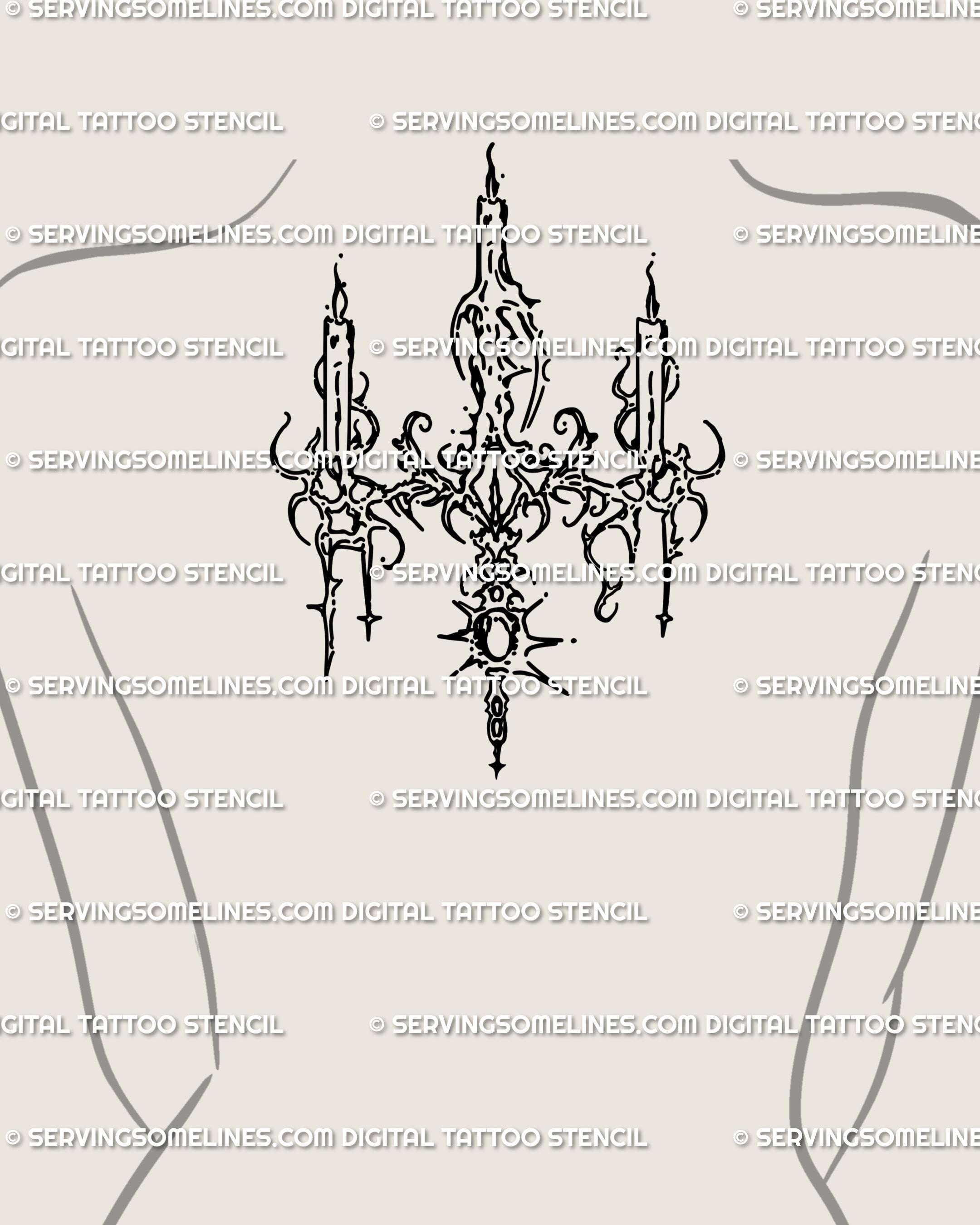 Female upper back tattoo idea near the neck, ornamental chandelier cybersigilism design in gothic style, delicate protective back tattoo stencil.