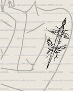 Female arm placement of a cybersigilism sword tattoo with wings—sleek line art, soft flame accents, and a protective heart motif at the hilt.