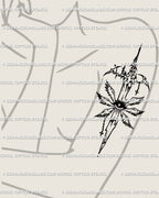 Female arm tattoo of cybertribal angelcore sword, gothic seraphim eye and wings design blending celestial symbolism with protective energy.