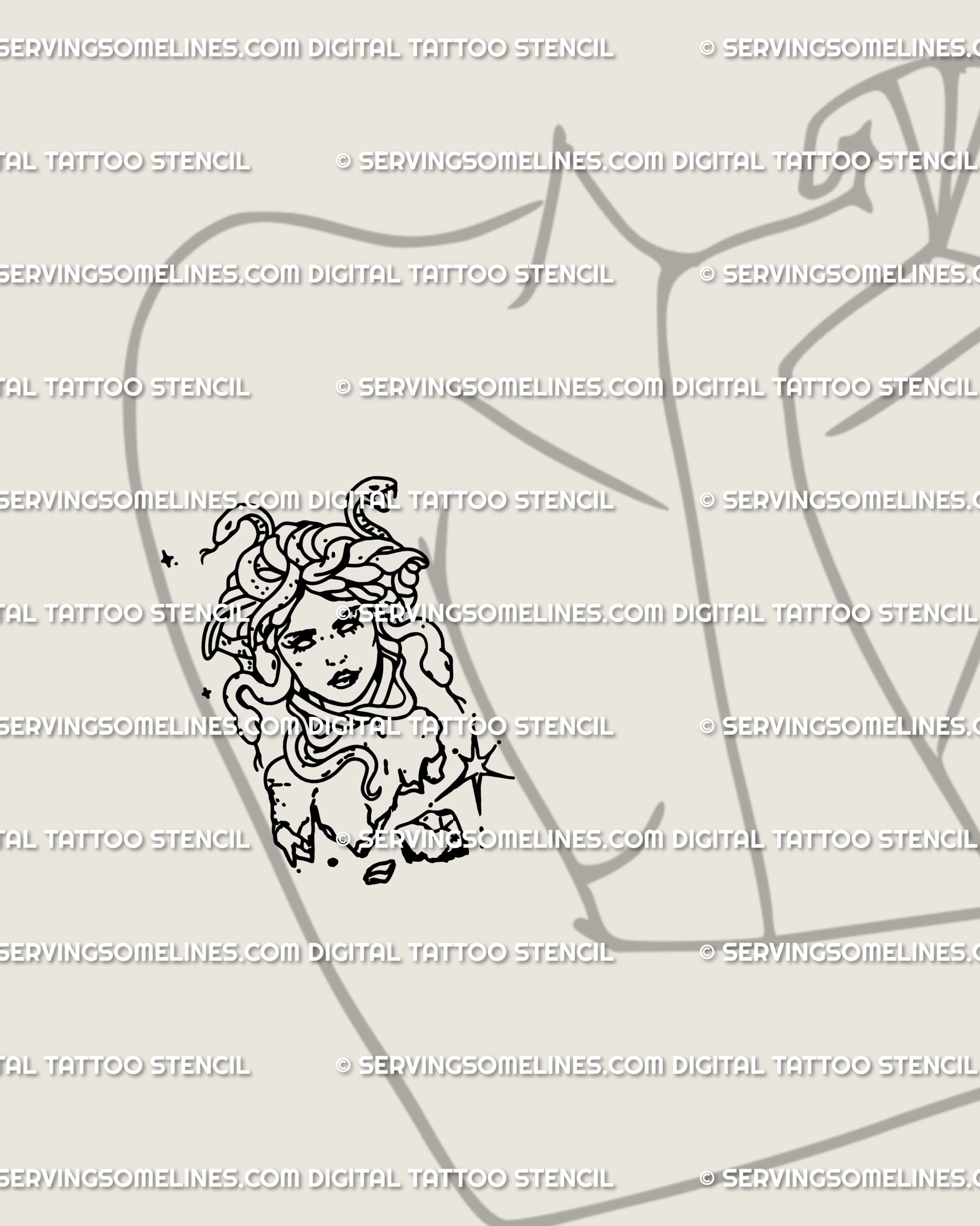 Snake hair goddess tattoo design placed on the arm, feminine gothic Medusa outline in fine line art with neotribal influence, ready to download.
