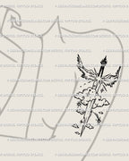 Cyber sigil sword tattoo stencil adapted as a feminine arm piece, clean symmetrical geometry with angelcore and tribal edge influences.