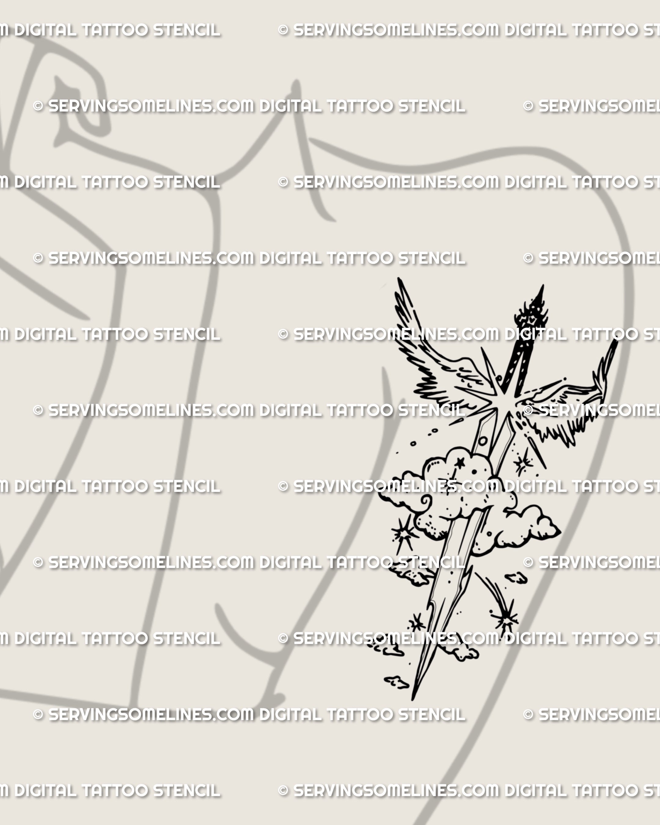 Cyber sigil sword tattoo stencil adapted as a feminine arm piece, clean symmetrical geometry with angelcore and tribal edge influences.