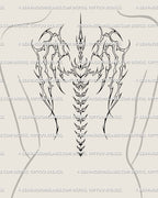 Medium-sized female back tattoo idea with skeletal wings design, gothic spine stencil in ornamental cyber tribal style scaled for upper back.