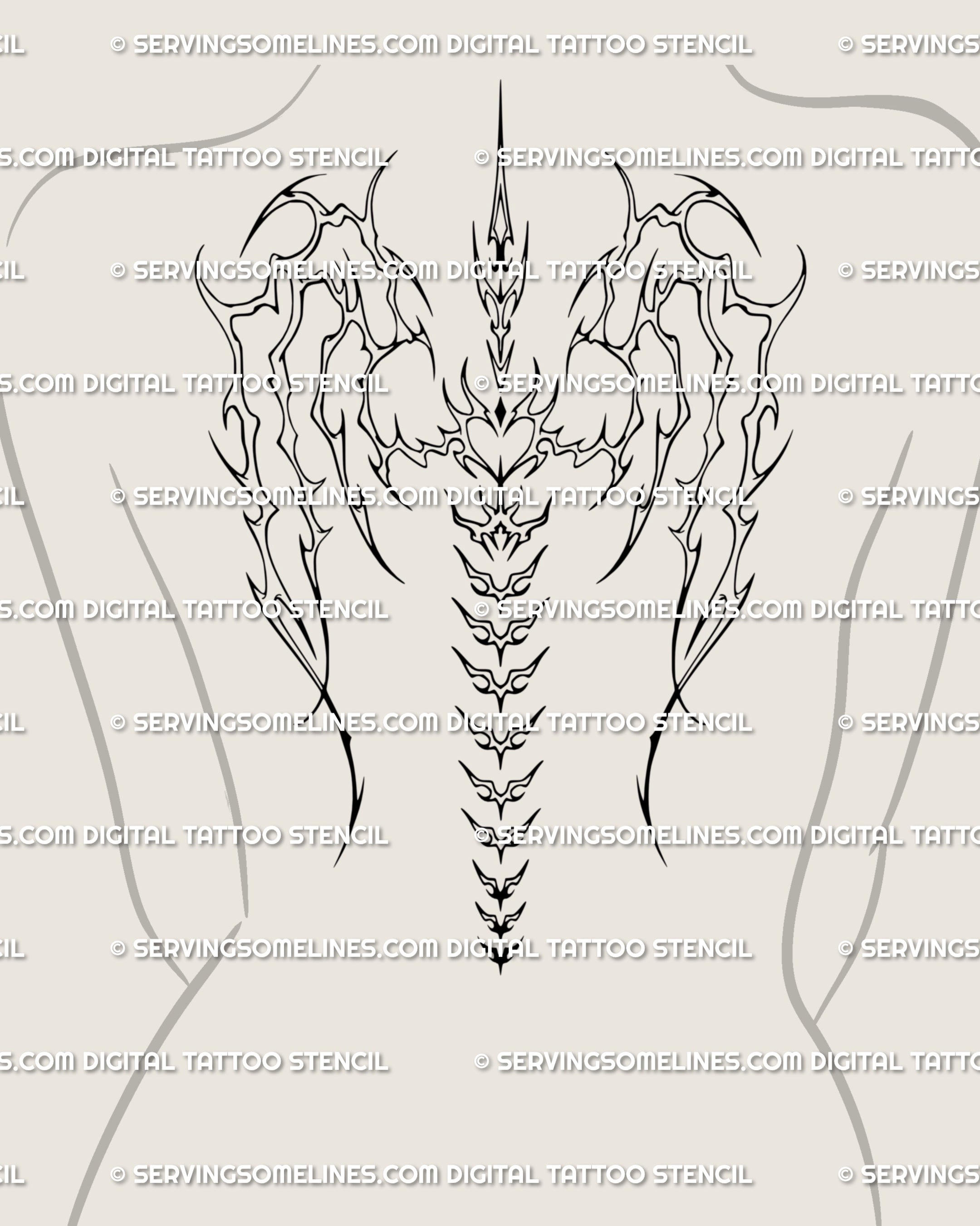 Medium-sized female back tattoo idea with skeletal wings design, gothic spine stencil in ornamental cyber tribal style scaled for upper back.