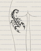 Gothic scorpion tattoo idea for women, heart-shaped scorpion design placed on the back of the thigh, bold girly goth placement with tribal influence.