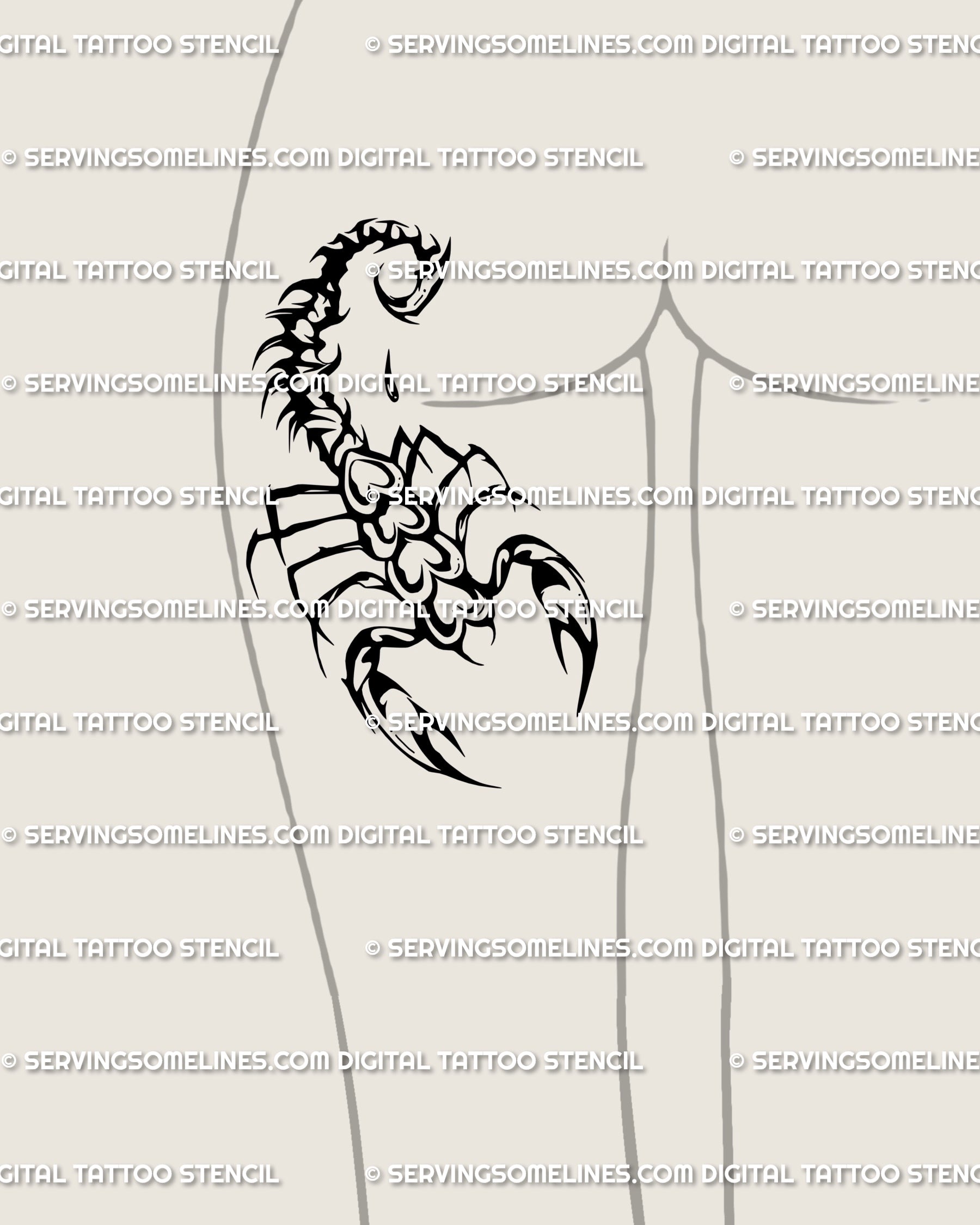 Gothic scorpion tattoo idea for women, heart-shaped scorpion design placed on the back of the thigh, bold girly goth placement with tribal influence.