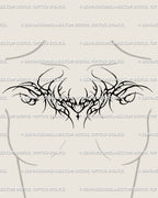 Feminine gothic chest tattoo idea with tramp stamp flow, subtle spiky heart detail, and neo tribal symmetry — versatile stencil for chest or sternum placement.