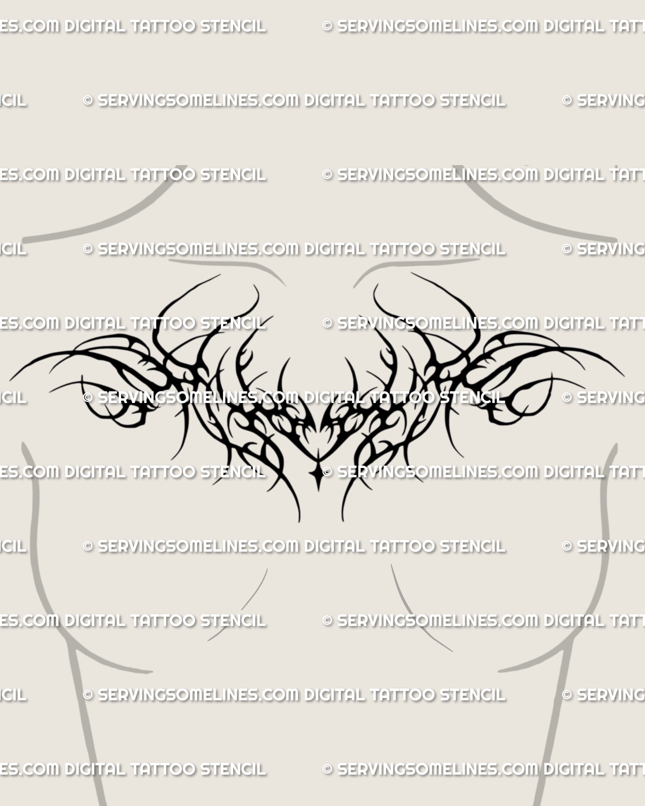 Feminine gothic chest tattoo idea with tramp stamp flow, subtle spiky heart detail, and neo tribal symmetry — versatile stencil for chest or sternum placement.