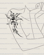 Gothic lily cybersigilism tattoo idea placed on a woman’s shoulder, alternative floral design in girly goth style with ornamental tribal edges.