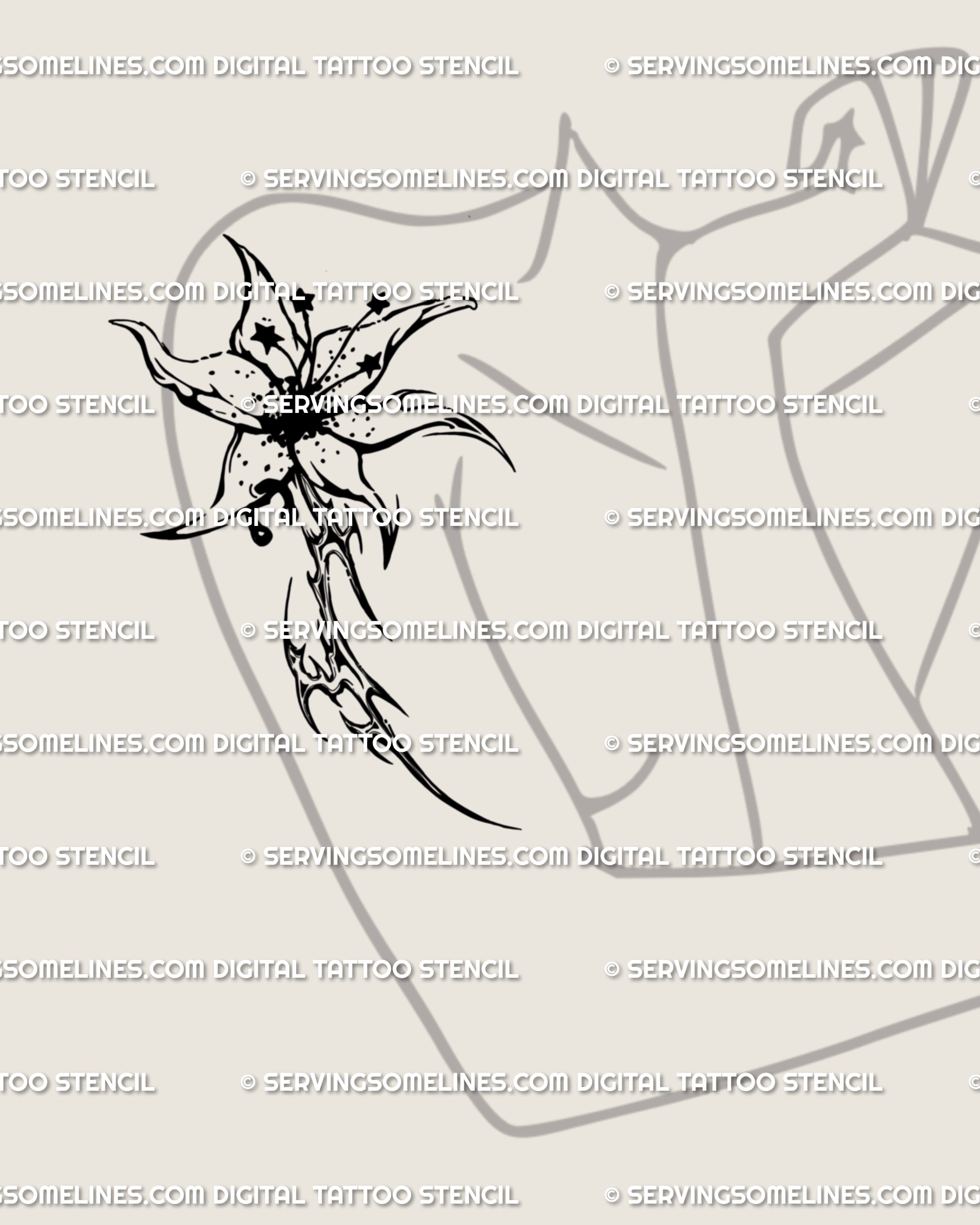 Gothic lily cybersigilism tattoo idea placed on a woman’s shoulder, alternative floral design in girly goth style with ornamental tribal edges.