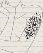 Female shoulder angel tattoo in cyber tribal style, ornamental archangel wings with sword detail, gothic guardian stencil idea.