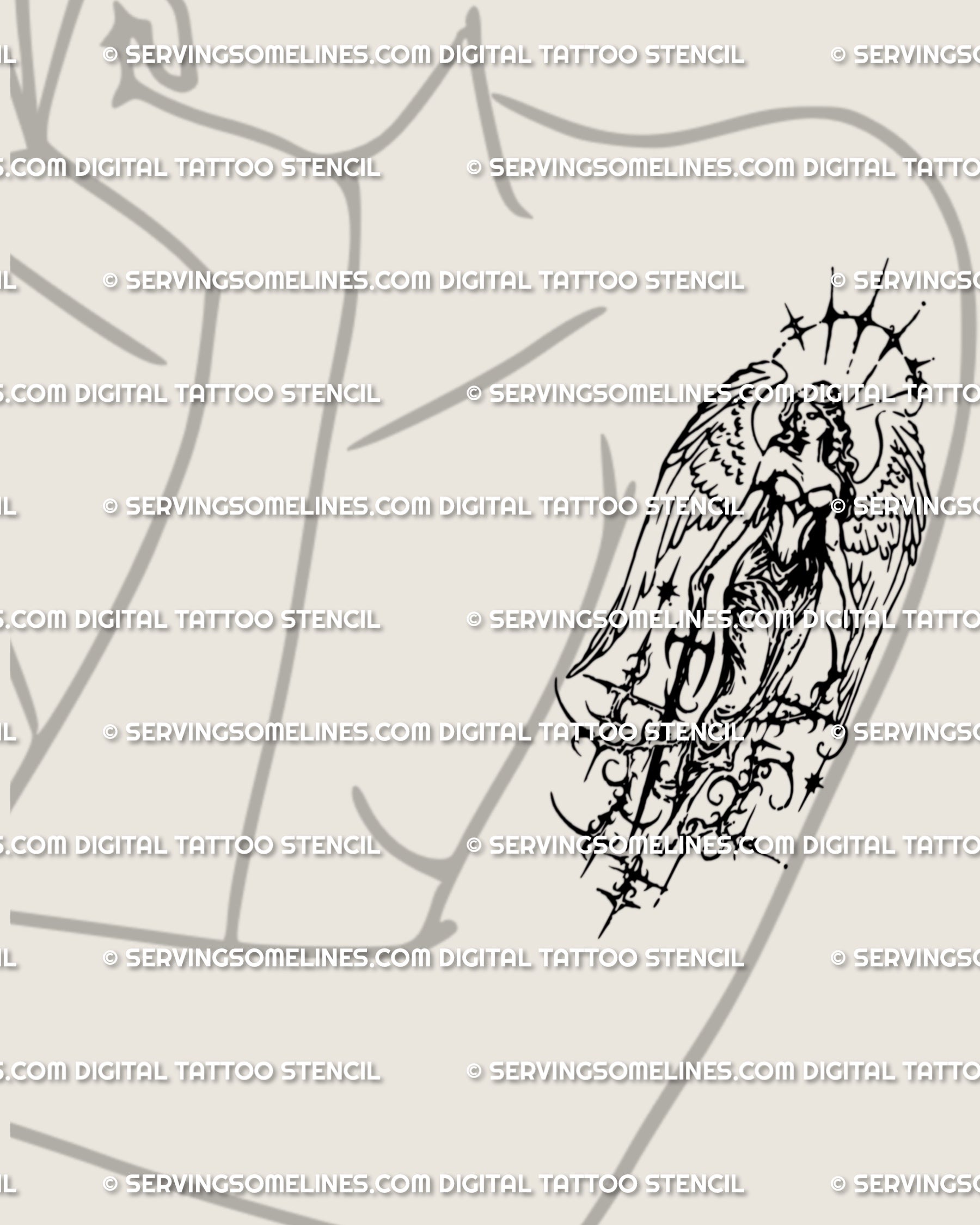 Female shoulder angel tattoo in cyber tribal style, ornamental archangel wings with sword detail, gothic guardian stencil idea.