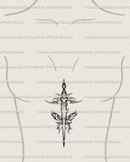 Female sternum idea showing a tribal dagger with butterfly flames—elongated layout, guarded heart detail, and smooth flow along the midline.