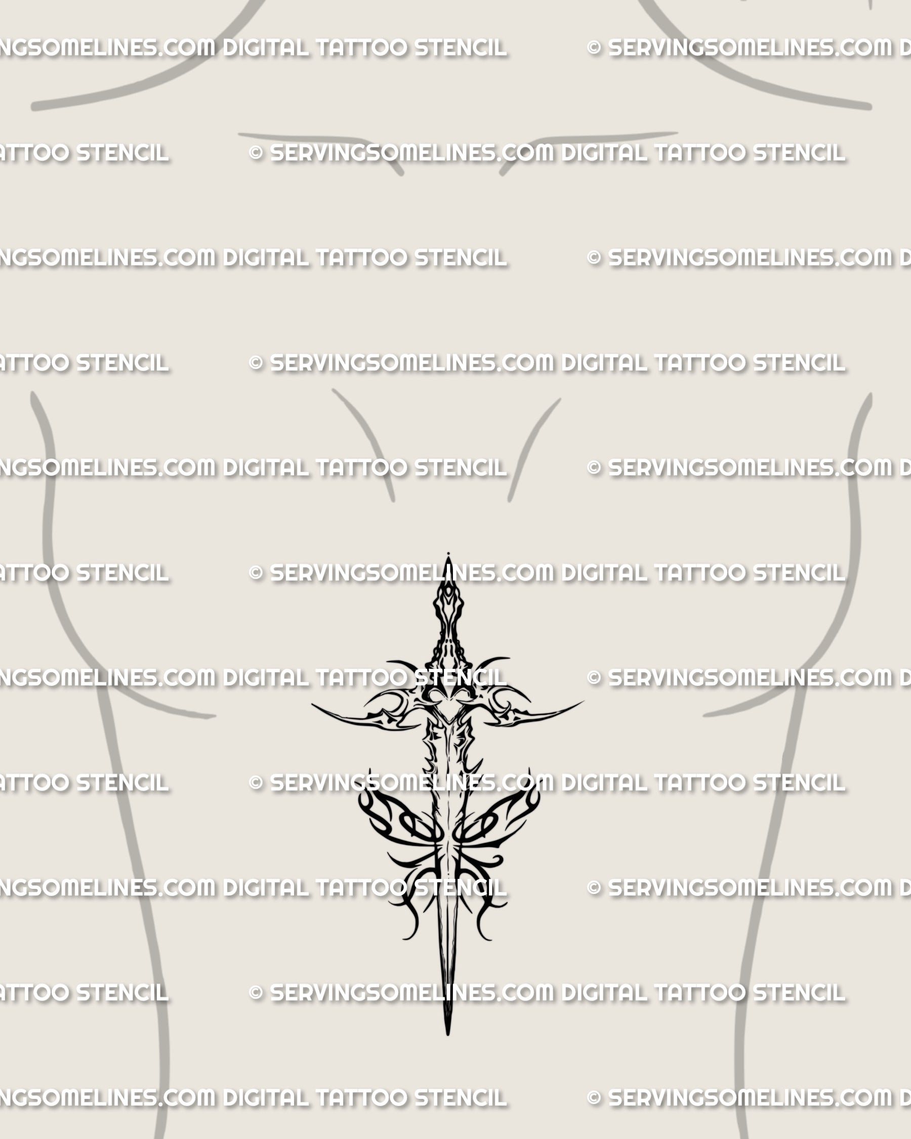Female sternum idea showing a tribal dagger with butterfly flames—elongated layout, guarded heart detail, and smooth flow along the midline.