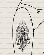 Gothic archangel tattoo on female thigh, cybersigilism angel with sword and wings, bold ornamental cybercore warrior flash.