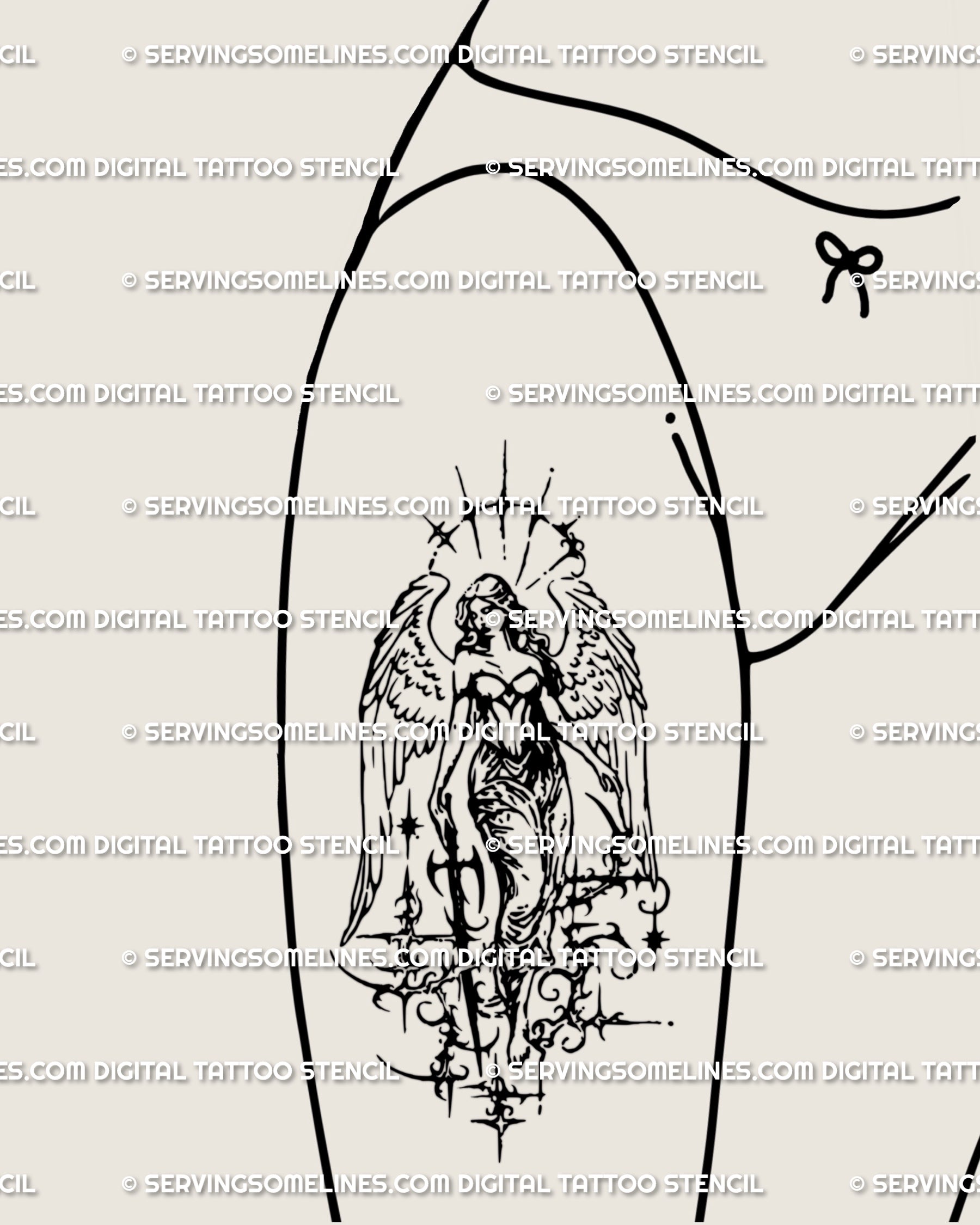 Gothic archangel tattoo on female thigh, cybersigilism angel with sword and wings, bold ornamental cybercore warrior flash.