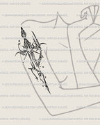 Cybersigilism sword tattoo on female upper arm, tribal star blade in gothic cybercore line art, clean digital stencil showing strength and elegance together.