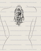 Female upper back angel tattoo with wings reaching the neck, gothic cybertribal warrior angel with ornamental cybersigilism edge.