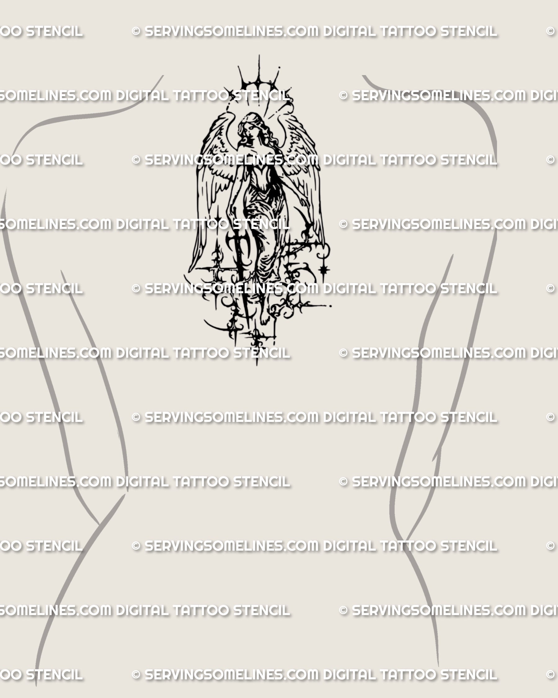 Female upper back angel tattoo with wings reaching the neck, gothic cybertribal warrior angel with ornamental cybersigilism edge.
