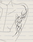 Neotribal cybersigilism tattoo design displayed on female arm, ornamental spikes and clean blackwork outline creating elegant flow. 