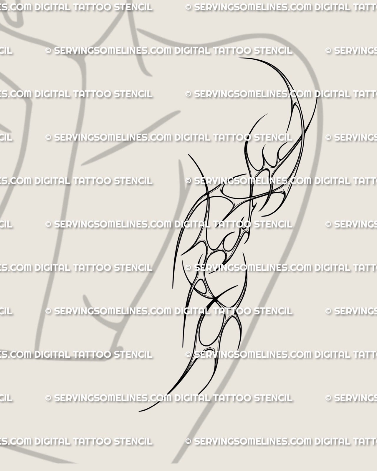 Neotribal cybersigilism tattoo design displayed on female arm, ornamental spikes and clean blackwork outline creating elegant flow. 