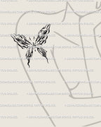 Feminine arm display of fluid butterfly tattoo stencil, abstract wavy line design with marble flow texture and delicate ornamental detail.