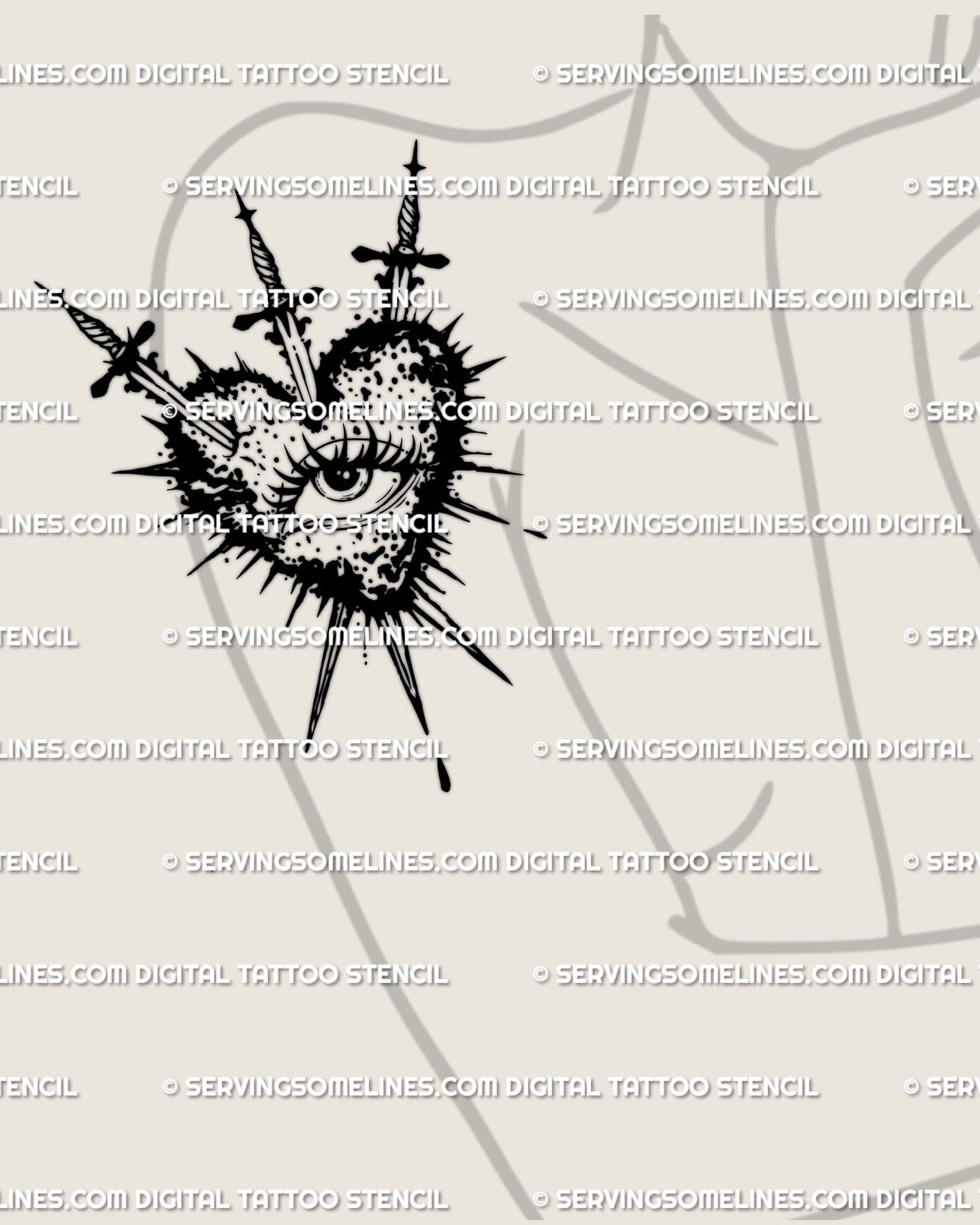 Feminine arm placement of sacred heart tattoo with three swords and all seeing eye, gothic symbolism line art tattoo stencil example